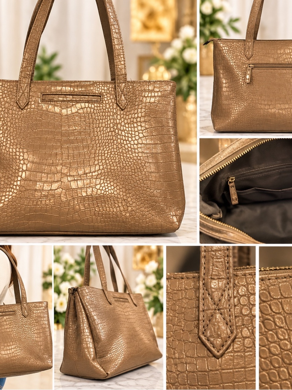 Elegant Croc-Embossed Tote Bag in Metallic Tan